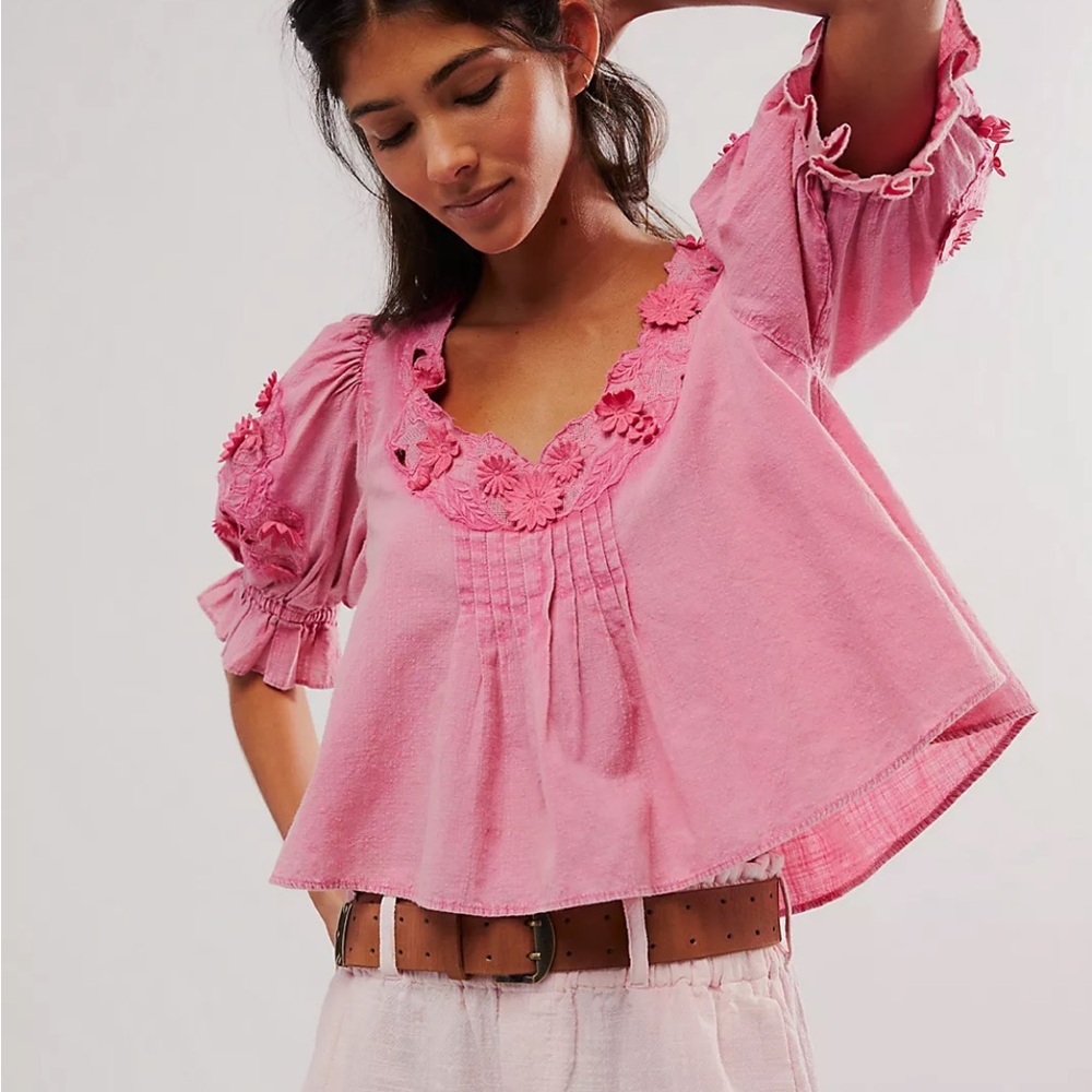 Free People Sophie Embroidered Pink Blouse *Sold Out